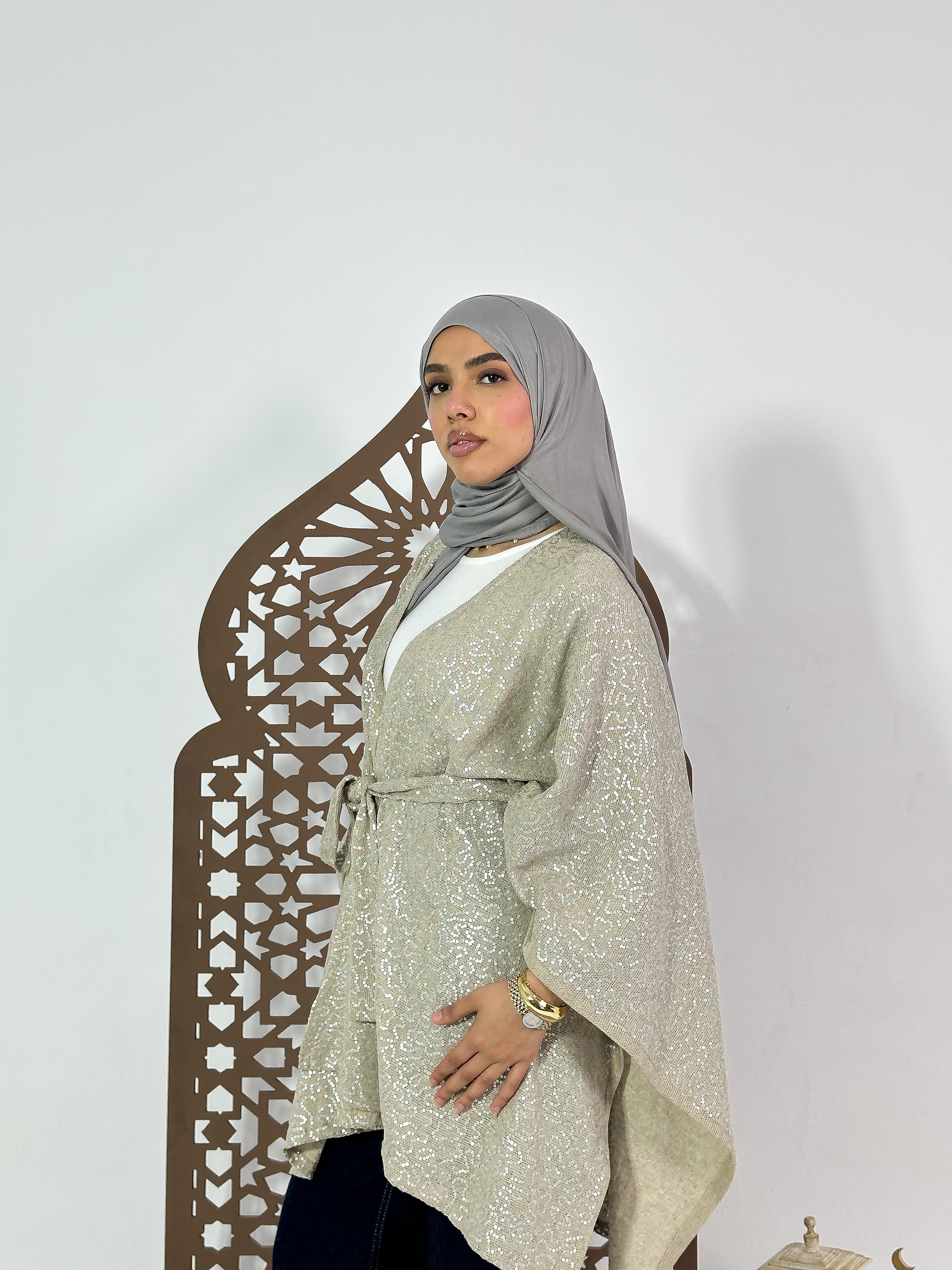 Qamar Cape in Shimmer Beige