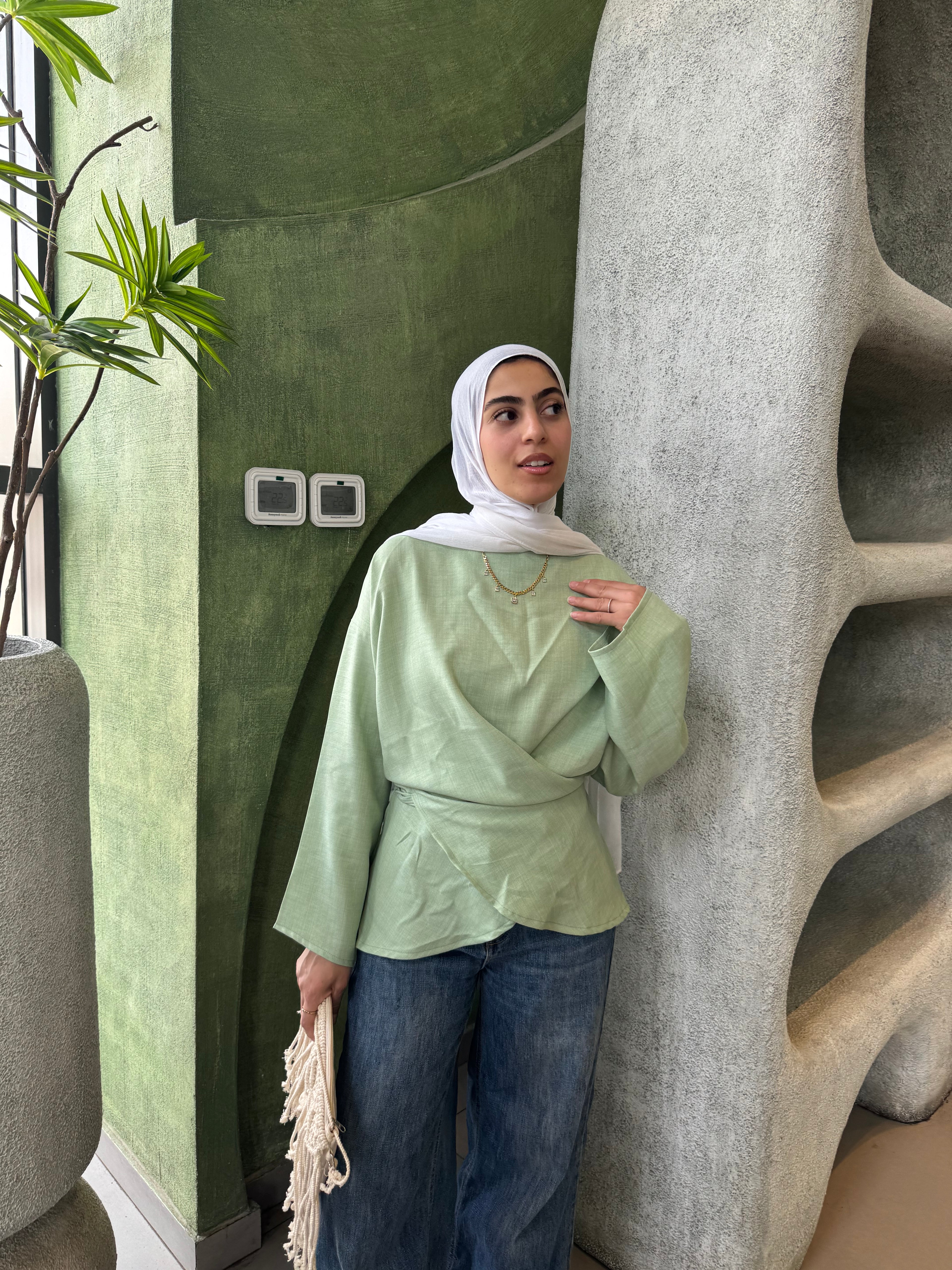 Wrap Tie Blouse in Mint Green