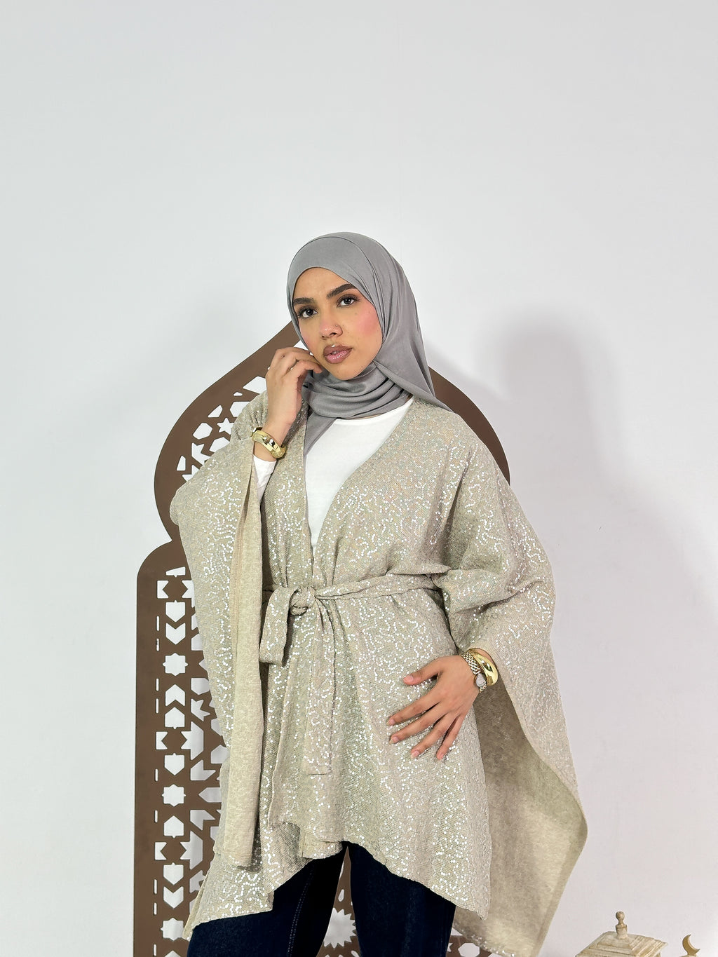 Qamar Cape in Shimmer Beige