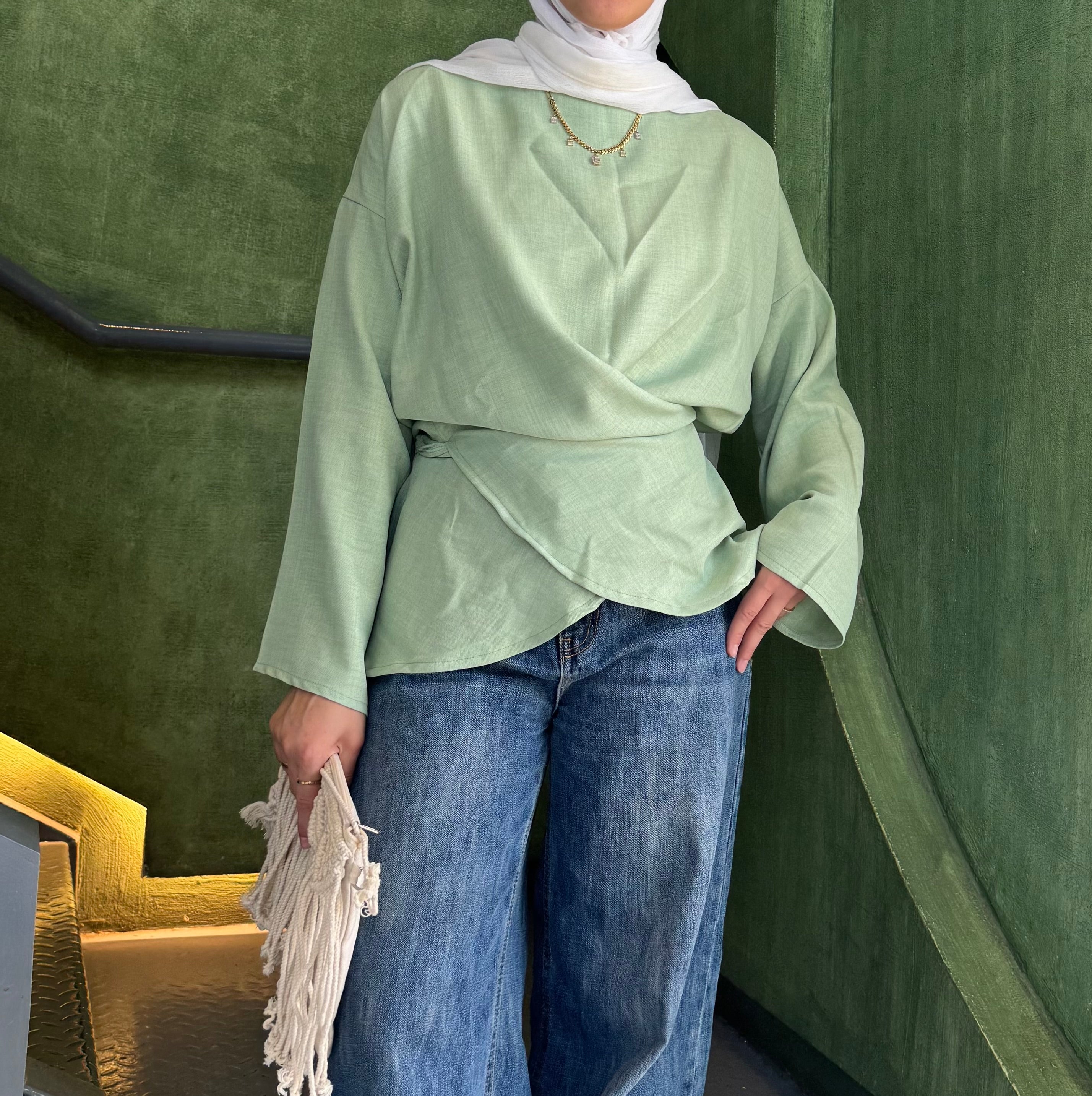 Wrap Tie Blouse in Mint Green