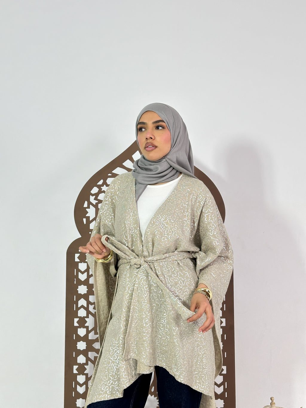 Qamar Cape in Shimmer Beige